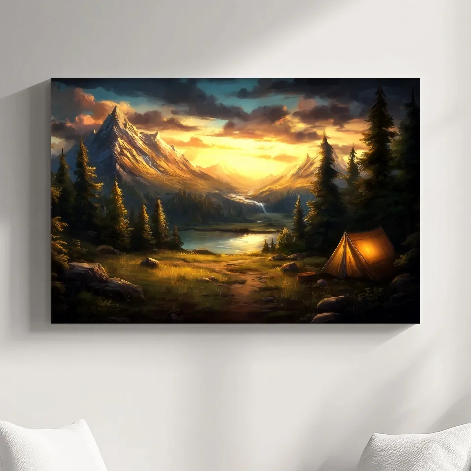 Golden Sunset Alpine Camping Scene Impressionist Painting - Scenic Mountain Wall Art