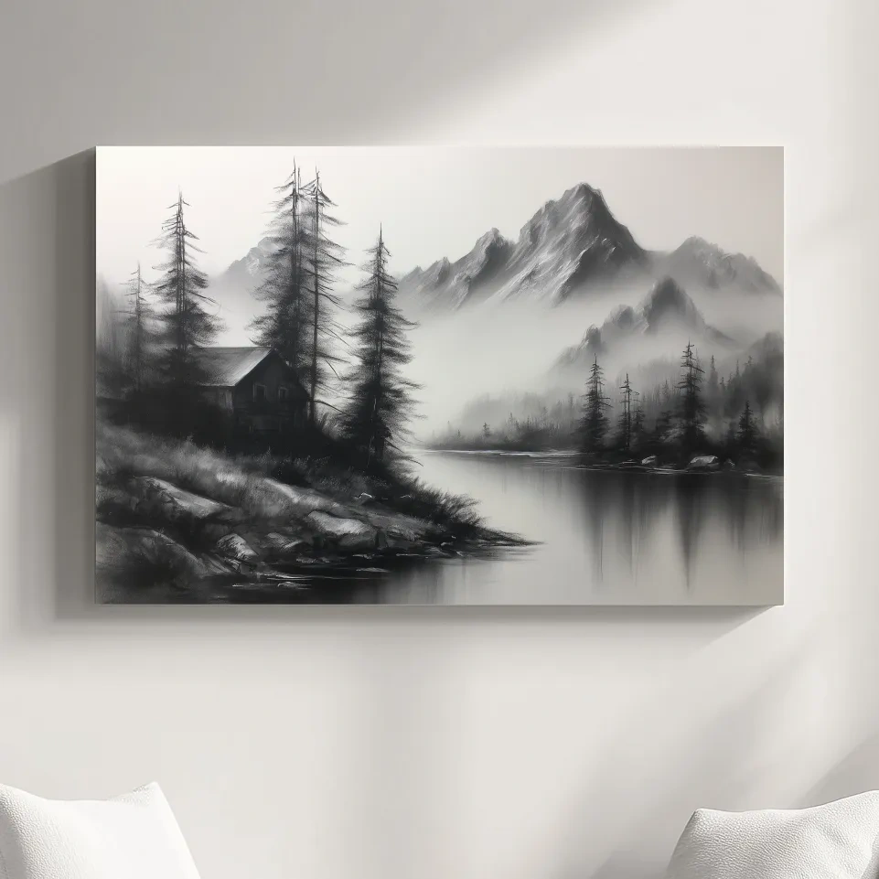Moody Monochrome Alpine Lake Cabin - Charcoal Mountain Sketch Style Wall Art