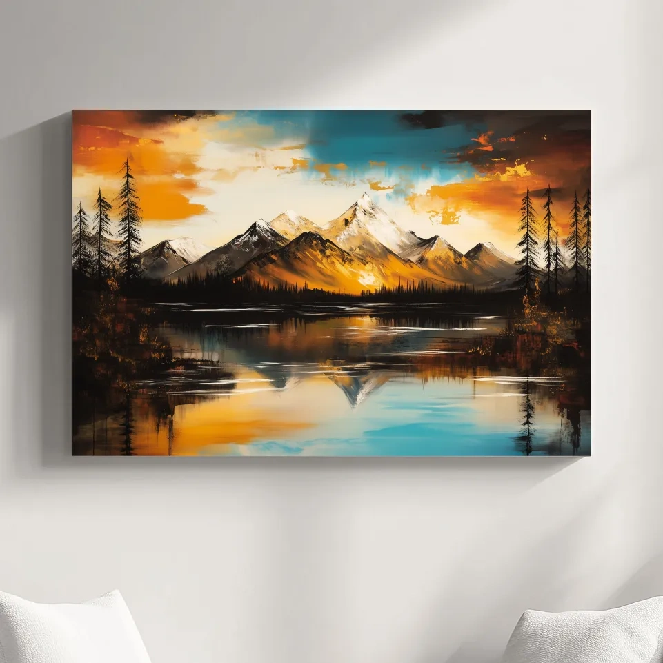 Alpine Mountain Sunset Oil Painting - Abstract Landscape Wall Art