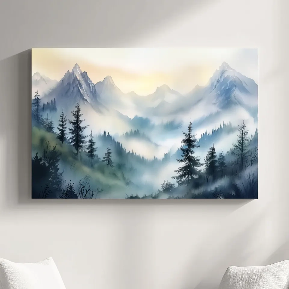 Chinese Ink Wash Watercolor Mountain Peaks - Foggy Alpine Wall Art