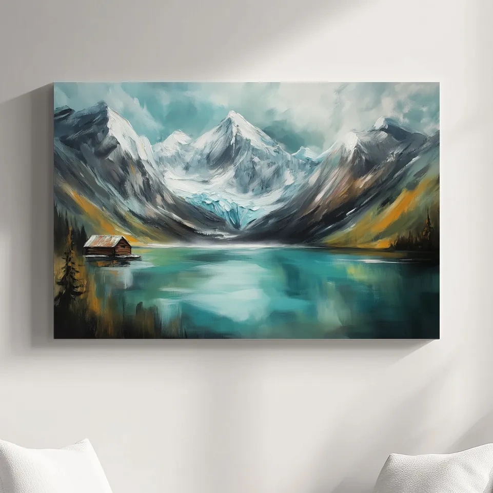 Turquoise Alpine Lake Cabin Painting - Snowy Mountain Landscape Wall Art