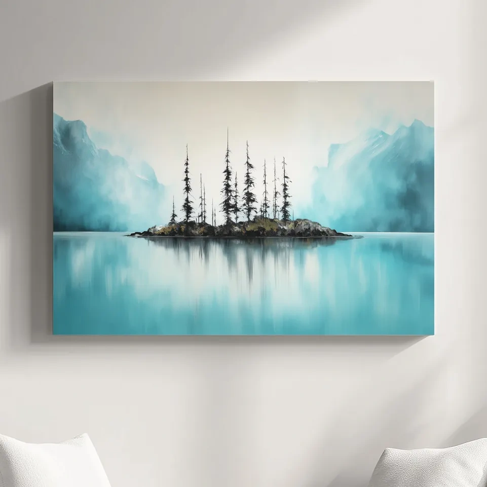 Misty Turquoise Mountain Lake Reflection - Minimalist Watercolor Landscape Wall Art