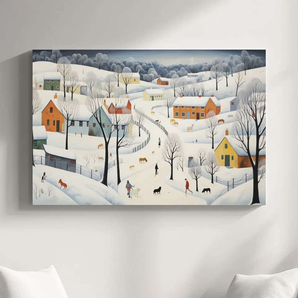 Whimsical Snowy Village Winter Landscape Painting - Folk Art Countryside Wall Art