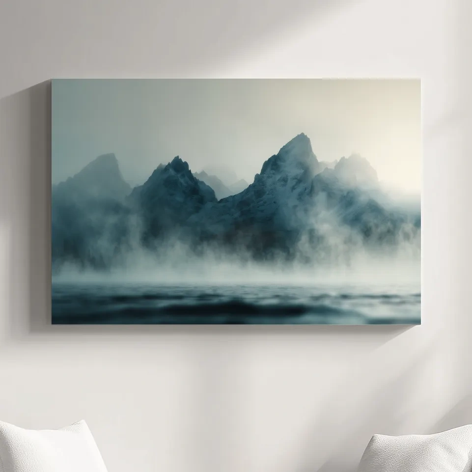 Moody Misty Mountain Peaks Over Water - Atmospheric Monochrome Landscape Wall Art