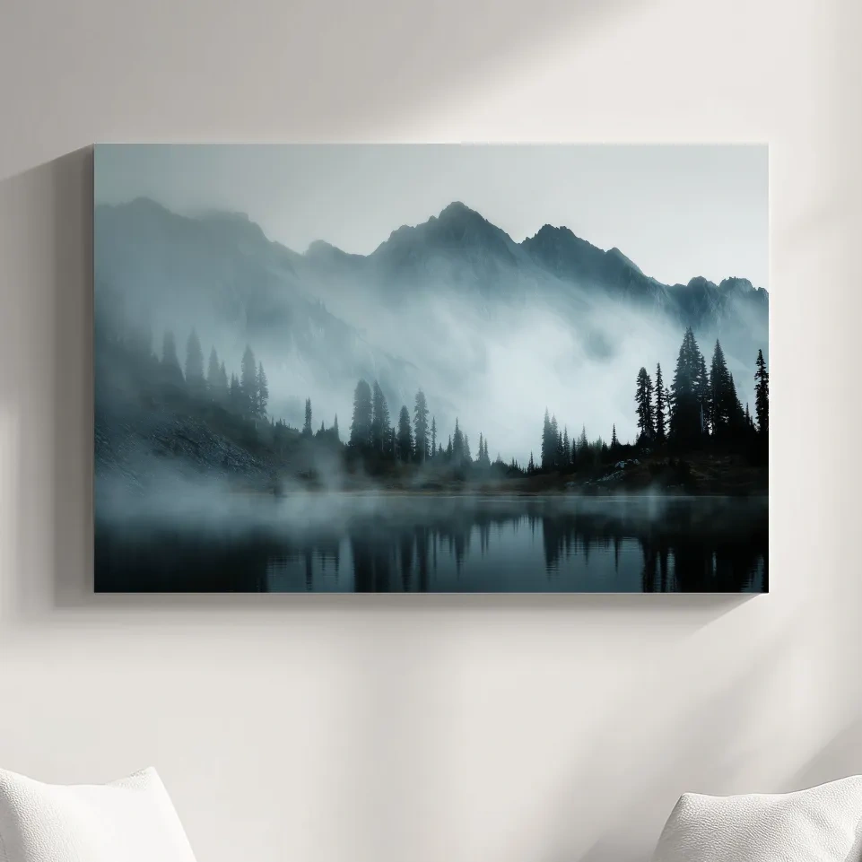Moody Misty Mountain Lake Photography - Atmospheric Alpine Forest Wall Art