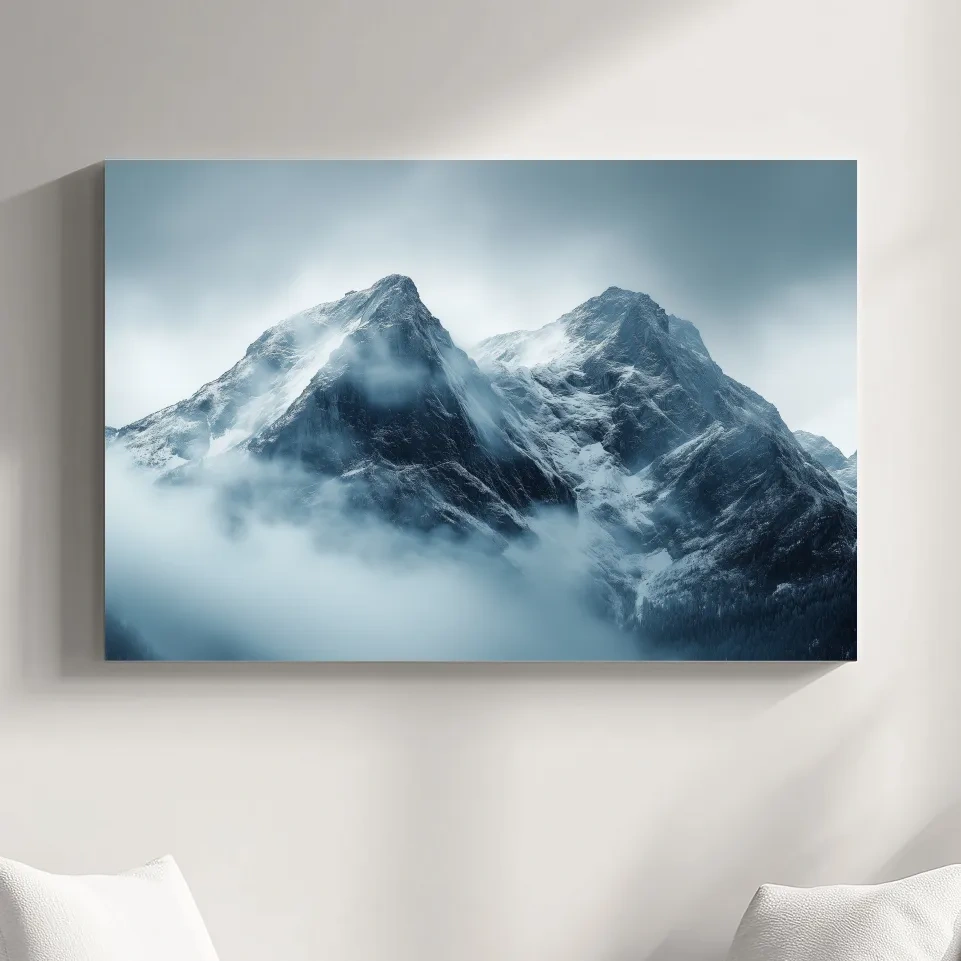 Moody Snowcapped Mountain Peaks - Atmospheric Alpine Photographic Wall Art