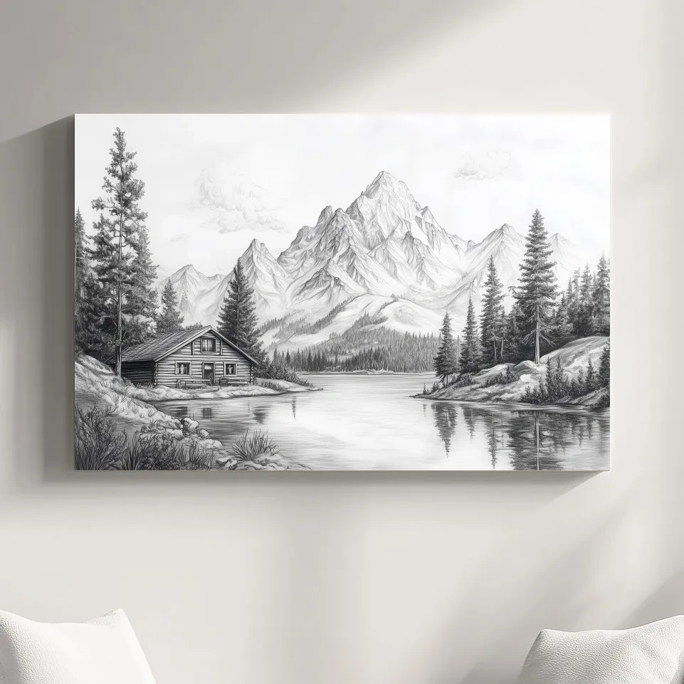 Vintage Pencil Sketch Alpine Lake Cabin - Black And White Mountain Landscape Wall Art