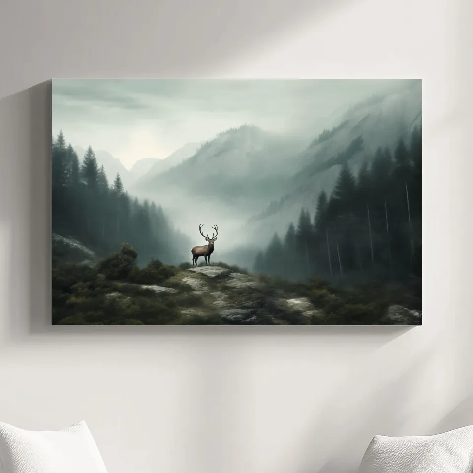 Moody Misty Mountain Deer Landscape - Atmospheric Forest Wildlife Wall Art