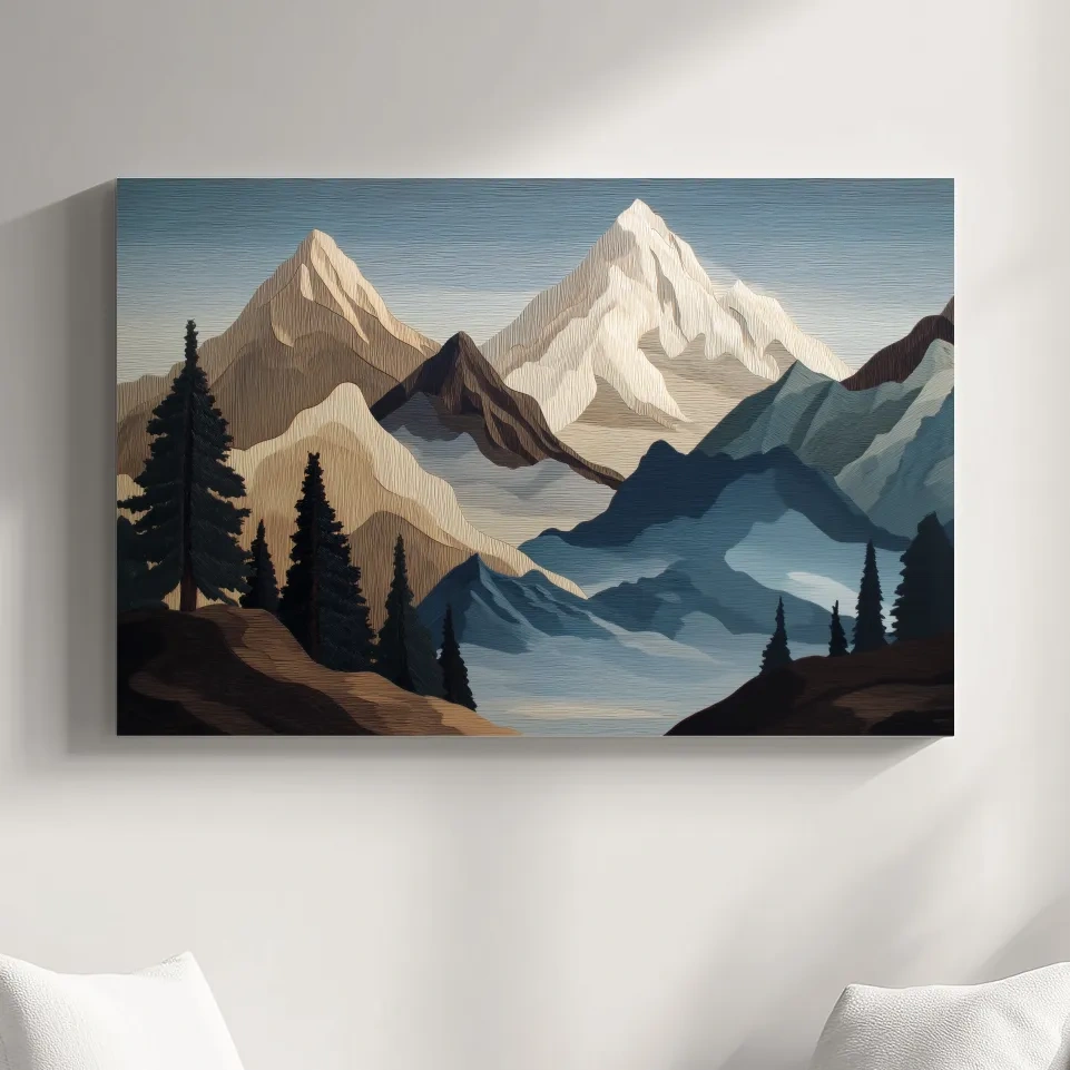 Textured Layered Alpine Mountain Peaks - Scenic Forest Wall Art