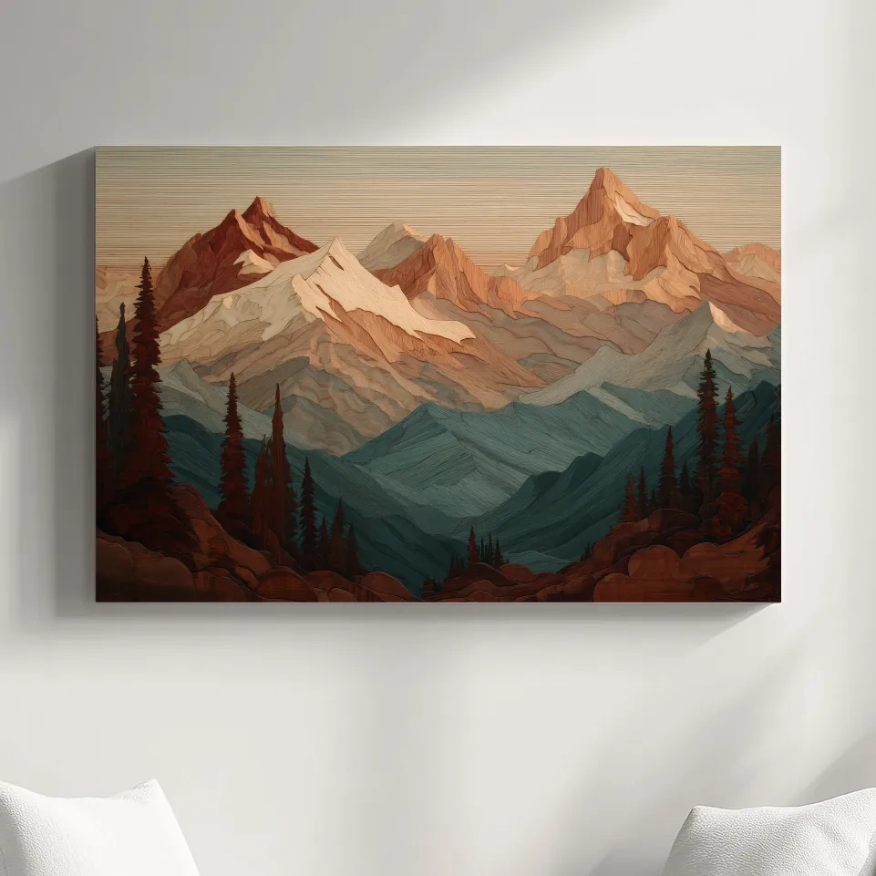 Layered Wood Alpine Mountain Range - Textured Topographic Landscape Wall Art