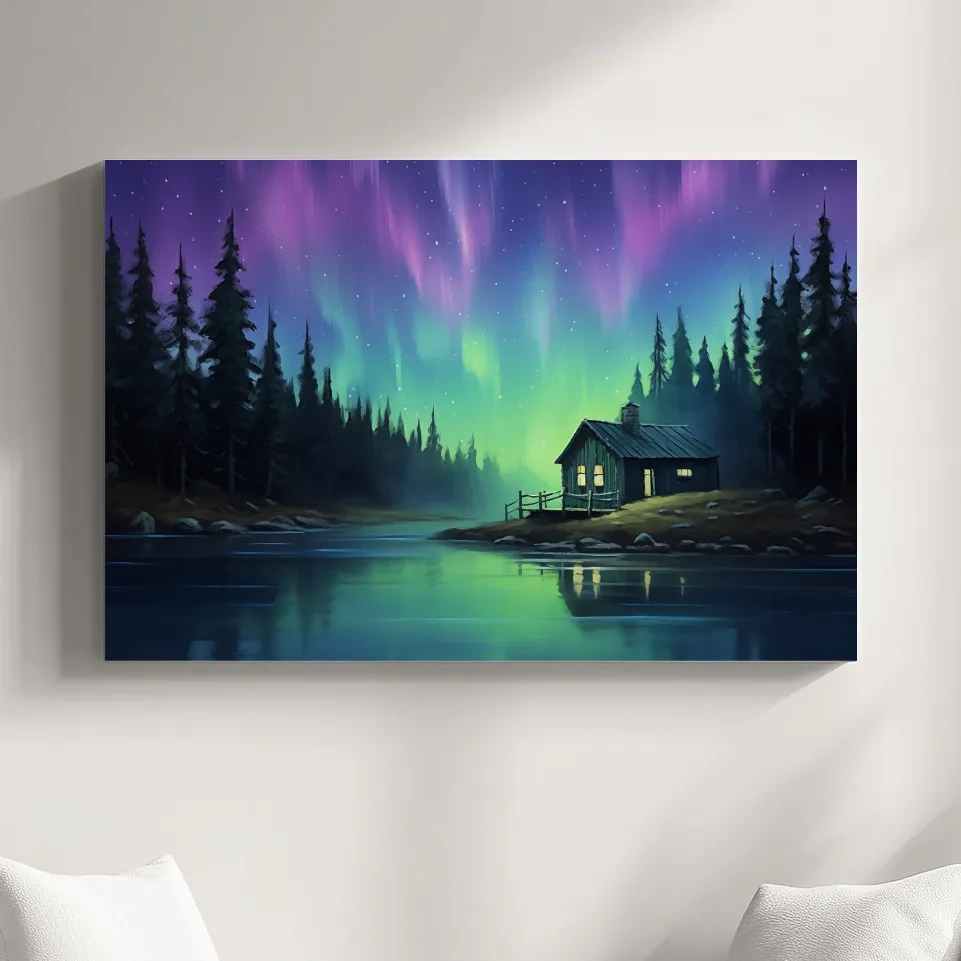 Northern Lights Over Lakeside Cabin Painting - Aurora Borealis Night Wall Art