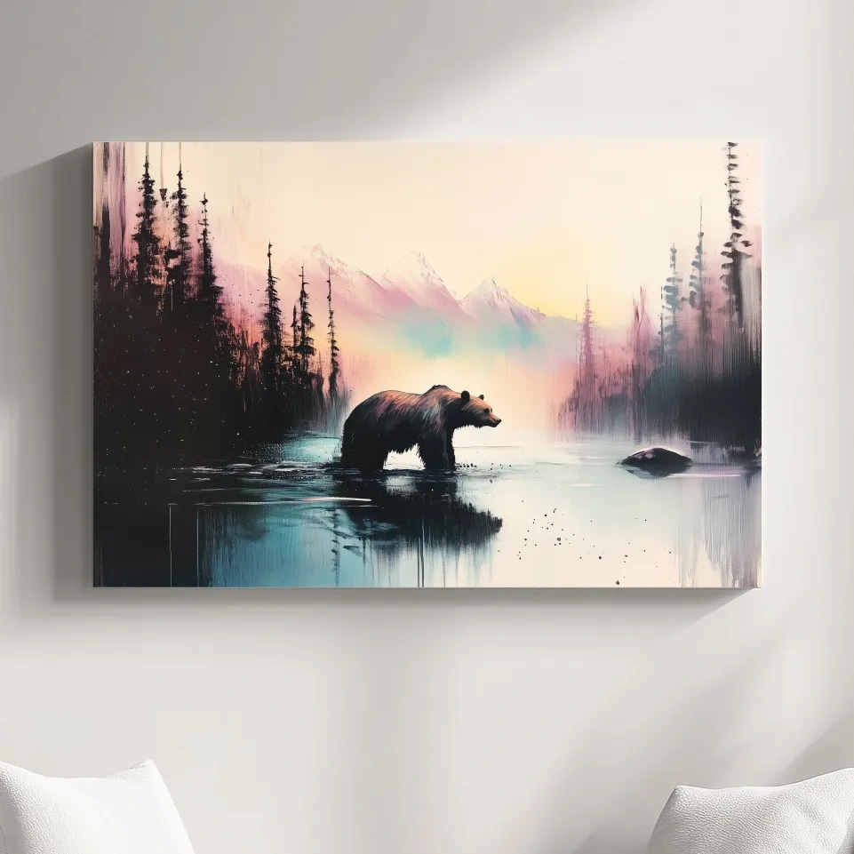 Moody Watercolor Grizzly Bear Lake Reflection - Misty Mountain Wilderness Wall Art
