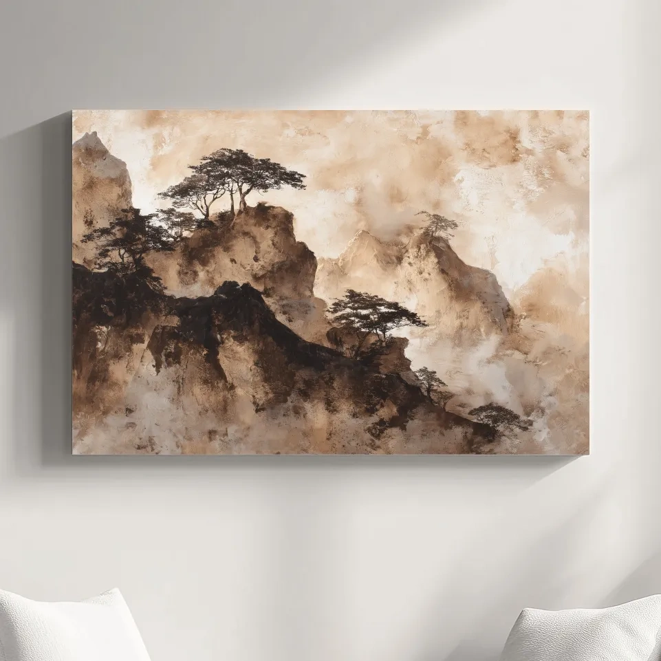 Sepia Japandi Mountain Ridge Painting - Atmospheric Ink Wash Art