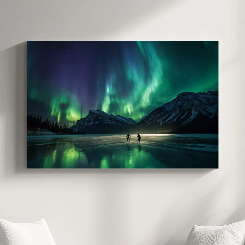 Ice Skaters Under Vibrant Northern Lights - Aurora Borealis Photographic Wall Art