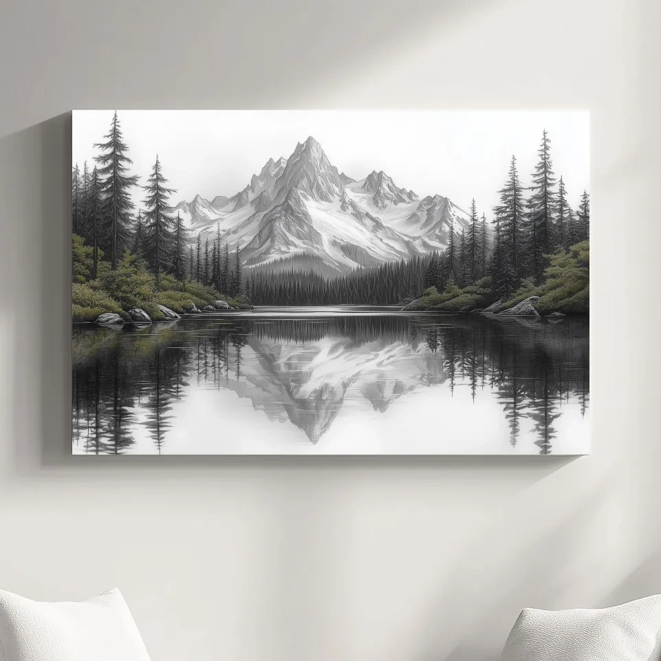 Monochrome Alpine Mountain Lake Reflection Sketch Artwork - Minimalist Forest Landscape Wall Art