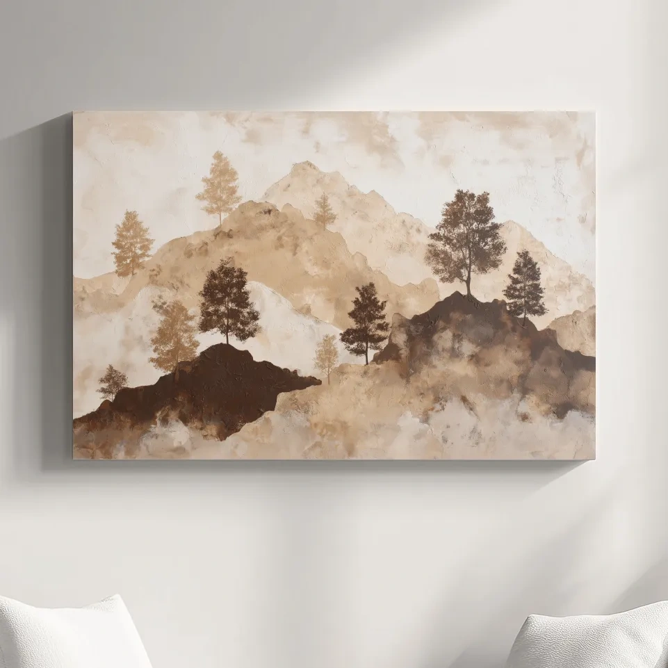 Wabi-Sabi Mountain Tree Silhouettes Painting - Minimalist Landscape Wall Art