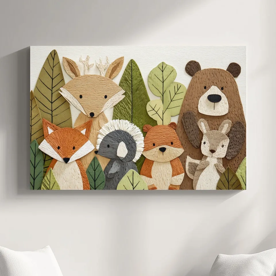 Woodland Animal Nursery Decor - Cute Forest Animals Embroidery Style Wall Art