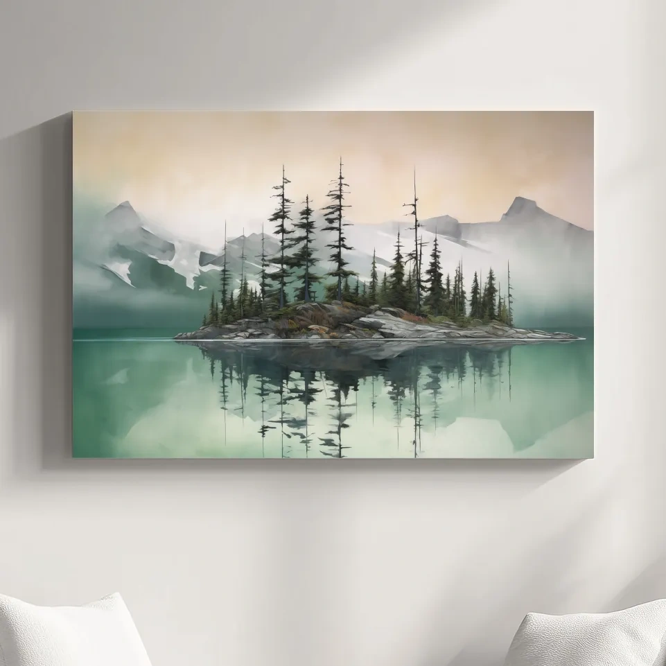 Misty Turquoise Alpine Lake Reflection - Serene Watercolor Mountain Landscape Wall Art