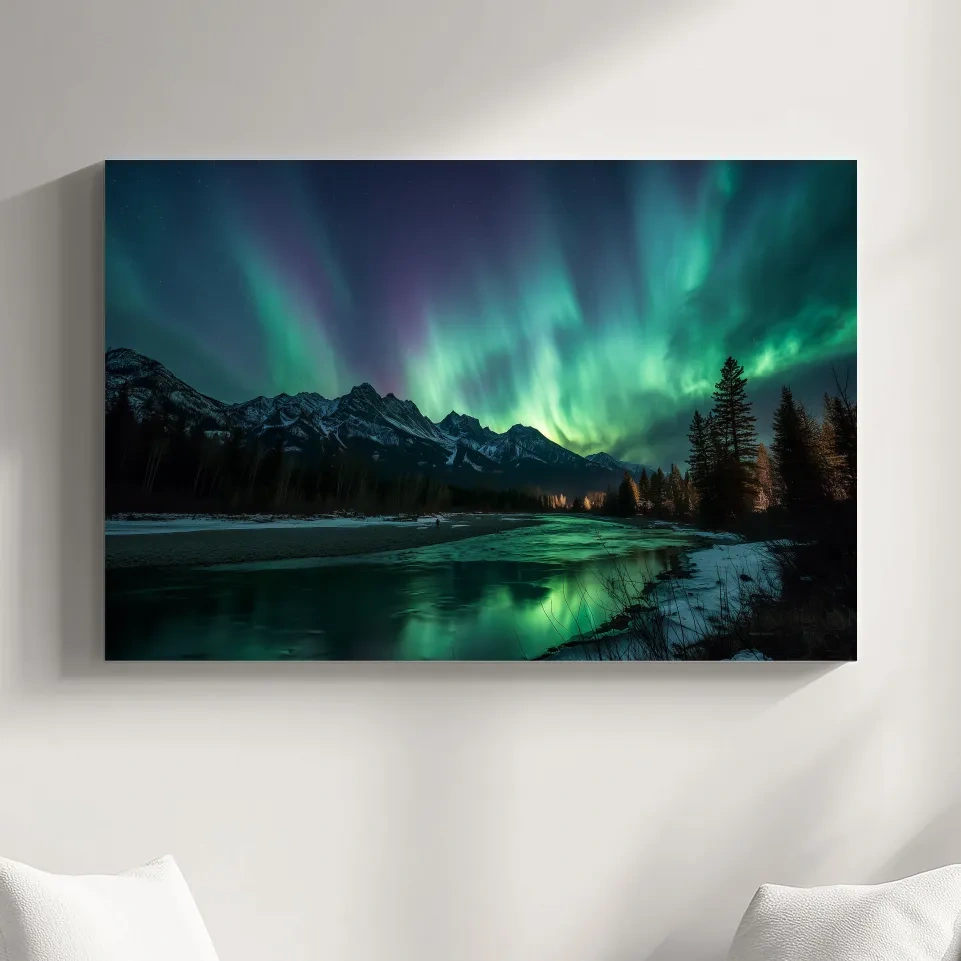 Vibrant Green Northern Lights Over Frozen Lake - Aurora Borealis Landscape Wall Art