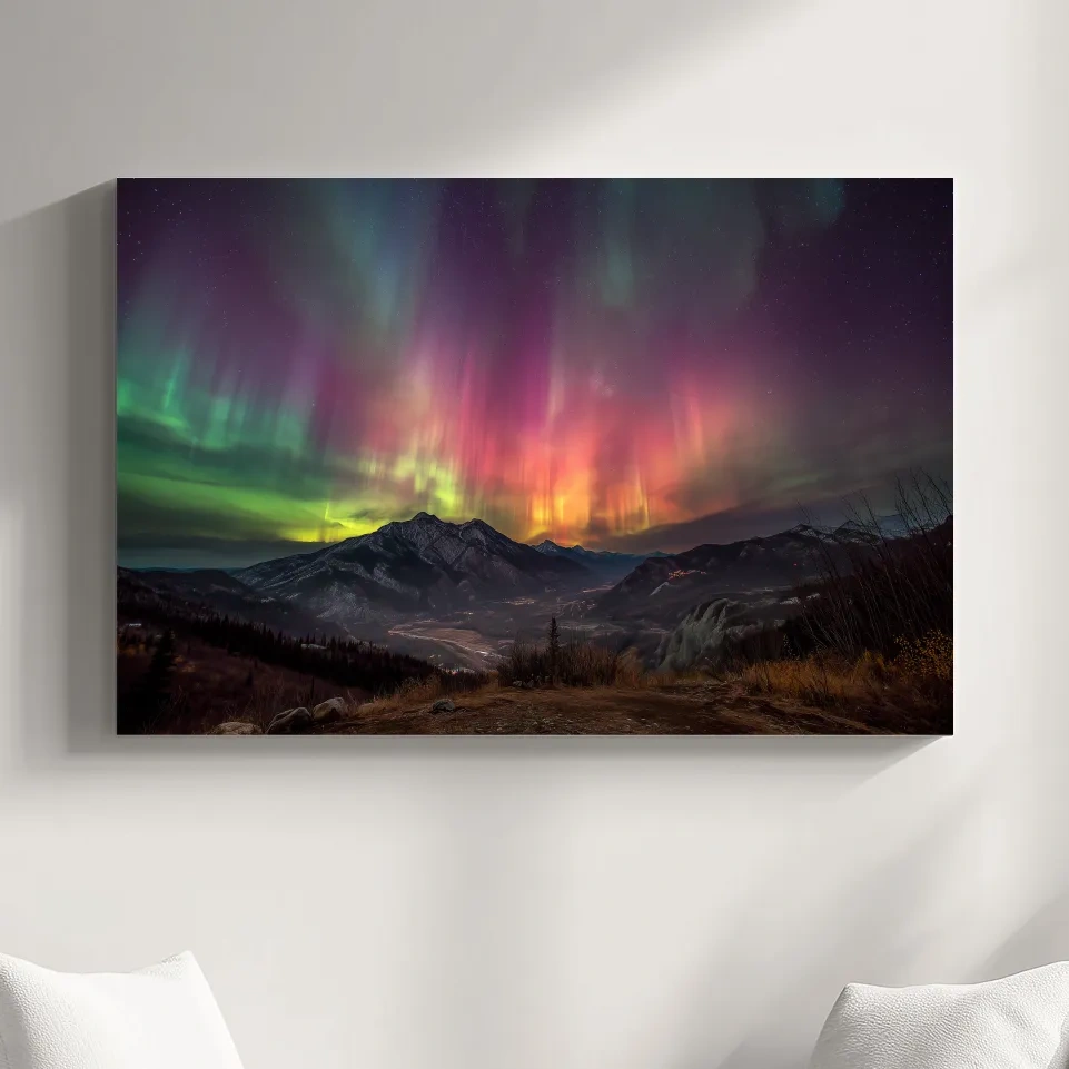 Vibrant Aurora Borealis Over Mountain Range - Colorful Northern Lights Landscape Wall Art