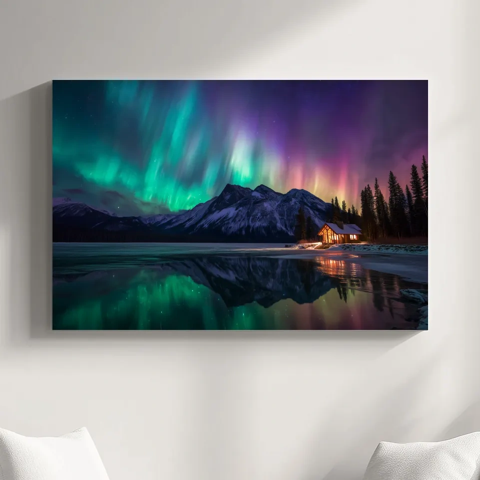 Vibrant Northern Lights Over Mountain Lake Cabin - Aurora Borealis Landscape Wall Art
