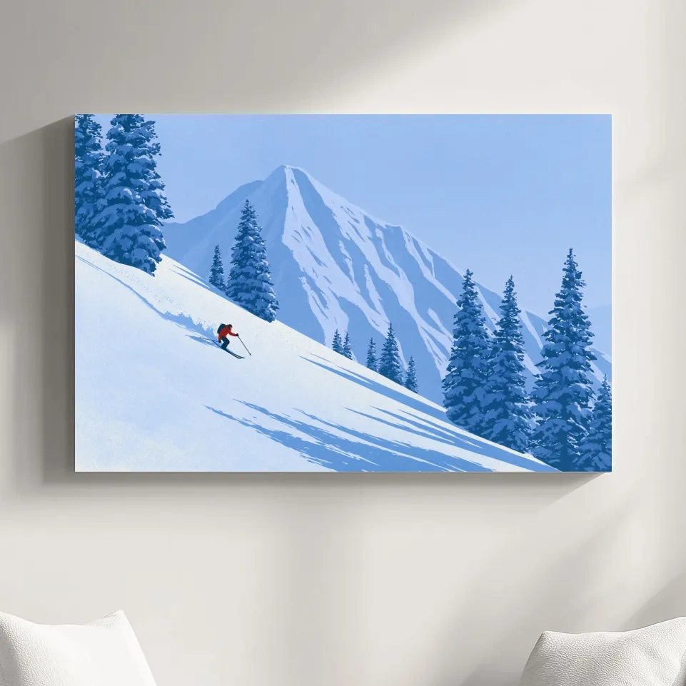 Minimalist Snowy Mountain Skier Landscape - Winter Alpine Illustration Wall Art