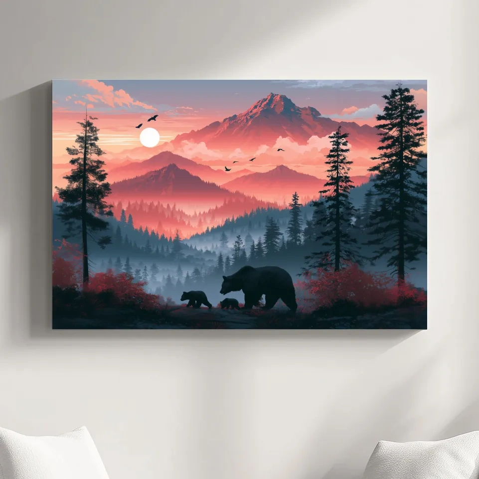 Sunset Mama Bear & Cubs Silhouette - Forest Wildlife Wall Art
