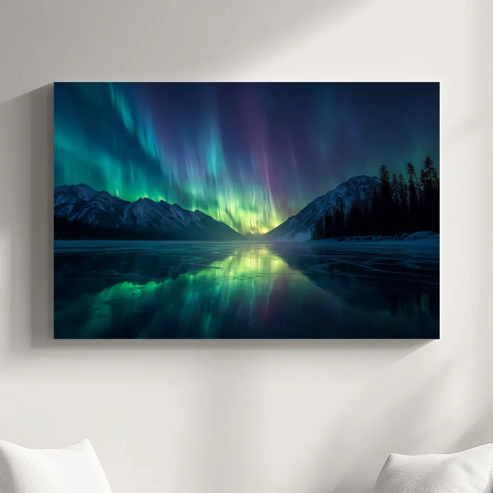 Vibrant Northern Lights Over Icy Mountain Lake - Aurora Borealis Wall Art
