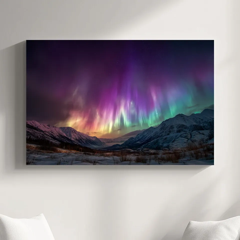 Vibrant Aurora Borealis Over Snowy Mountains - Northern Lights Night Sky Wall Art