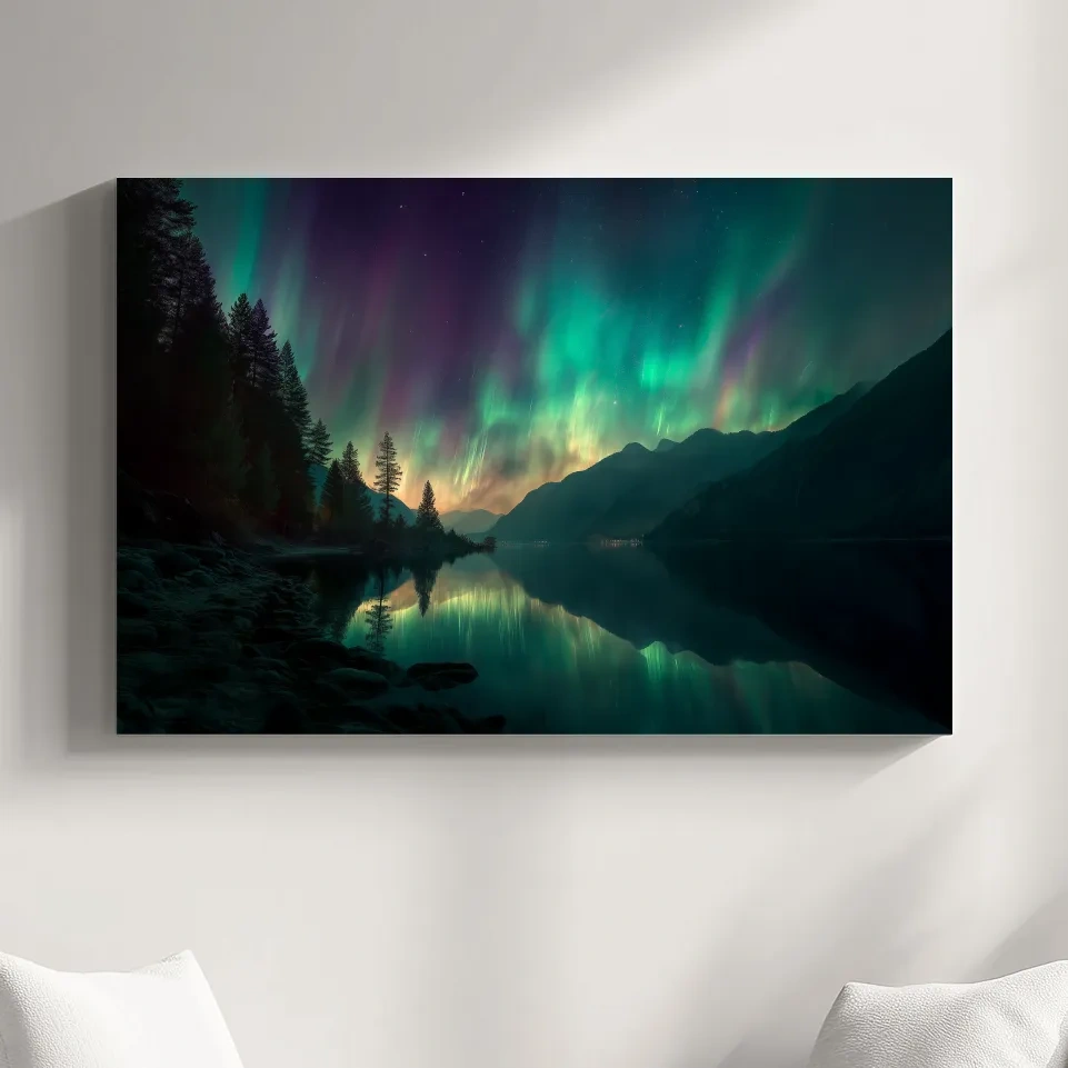 Vibrant Northern Lights Lake Reflection - Aurora Borealis Mountain Wall Art