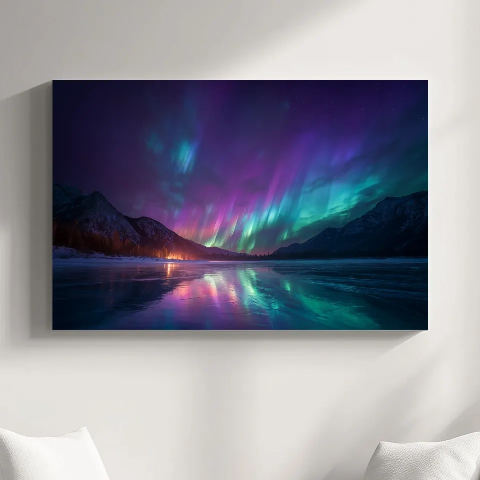 Vibrant Aurora Borealis Over Frozen Lake - Northern Lights Mountain Wall Art