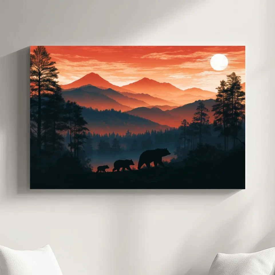 Mountain Sunset Bear Family Silhouettes - Wilderness Landscape Artwork