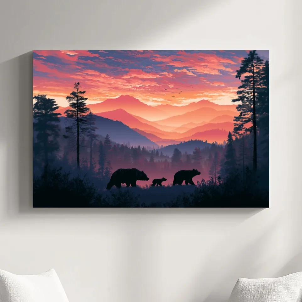Moody Sunset Mountain Bear Family Silhouettes - Wildlife Wall Art
