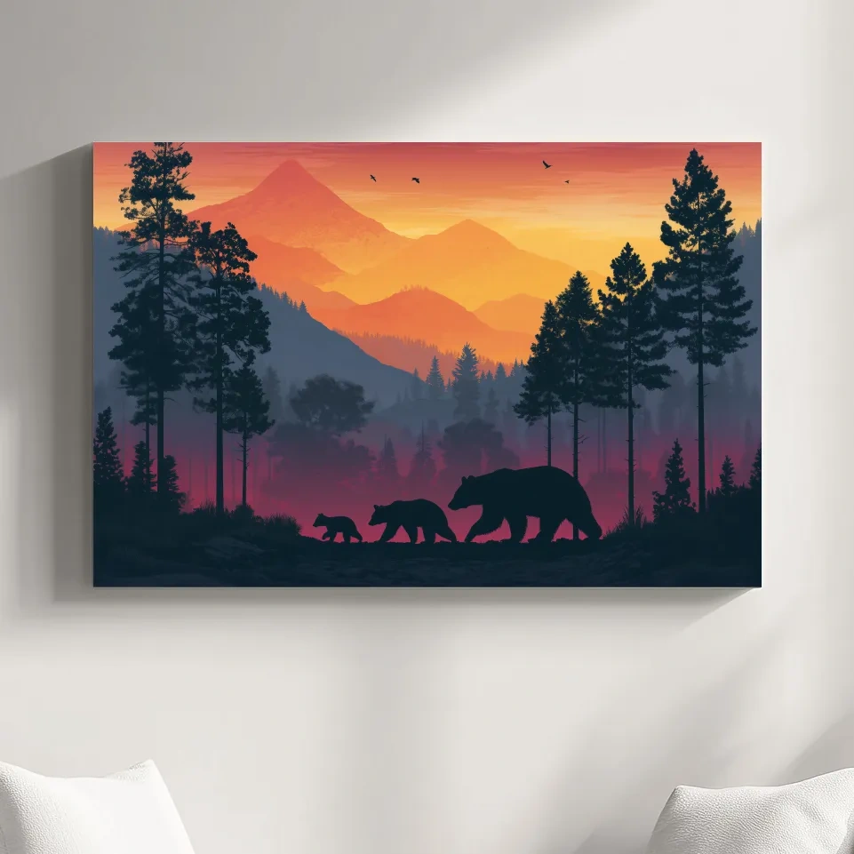Sunset Momma Bear & Cubs Silhouette - Forest Wildlife Wall Art