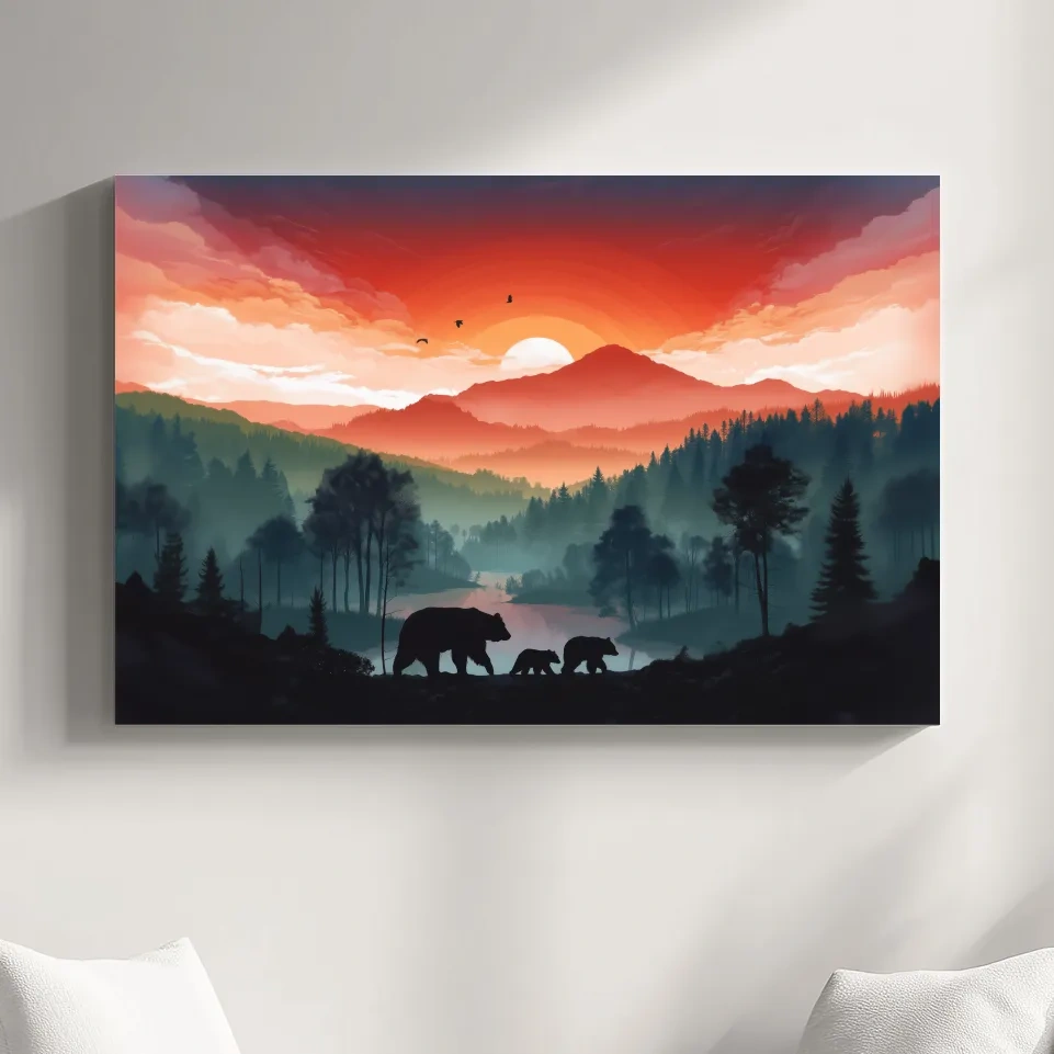 Sunset Bear Family Silhouette Landscape - Misty Mountain Forest Wall Art