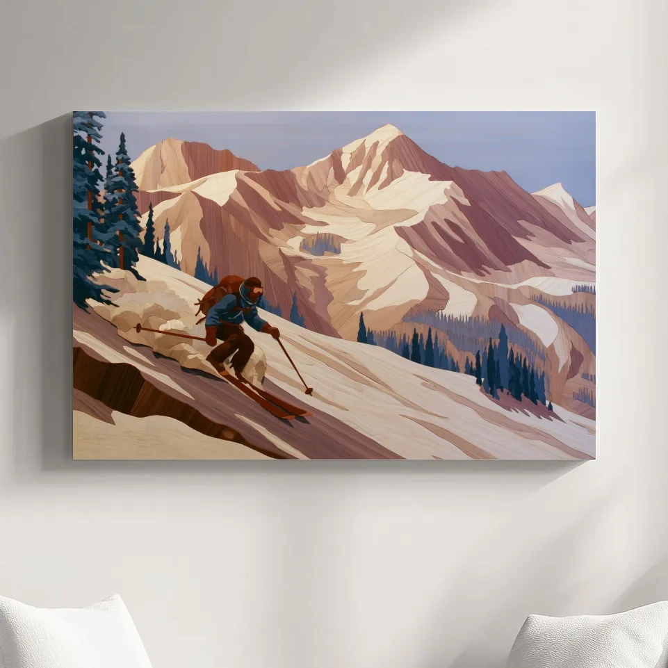 Backcountry Skier Descending Snowy Alpine Peaks - Modern Outdoor Adventure Wall Art