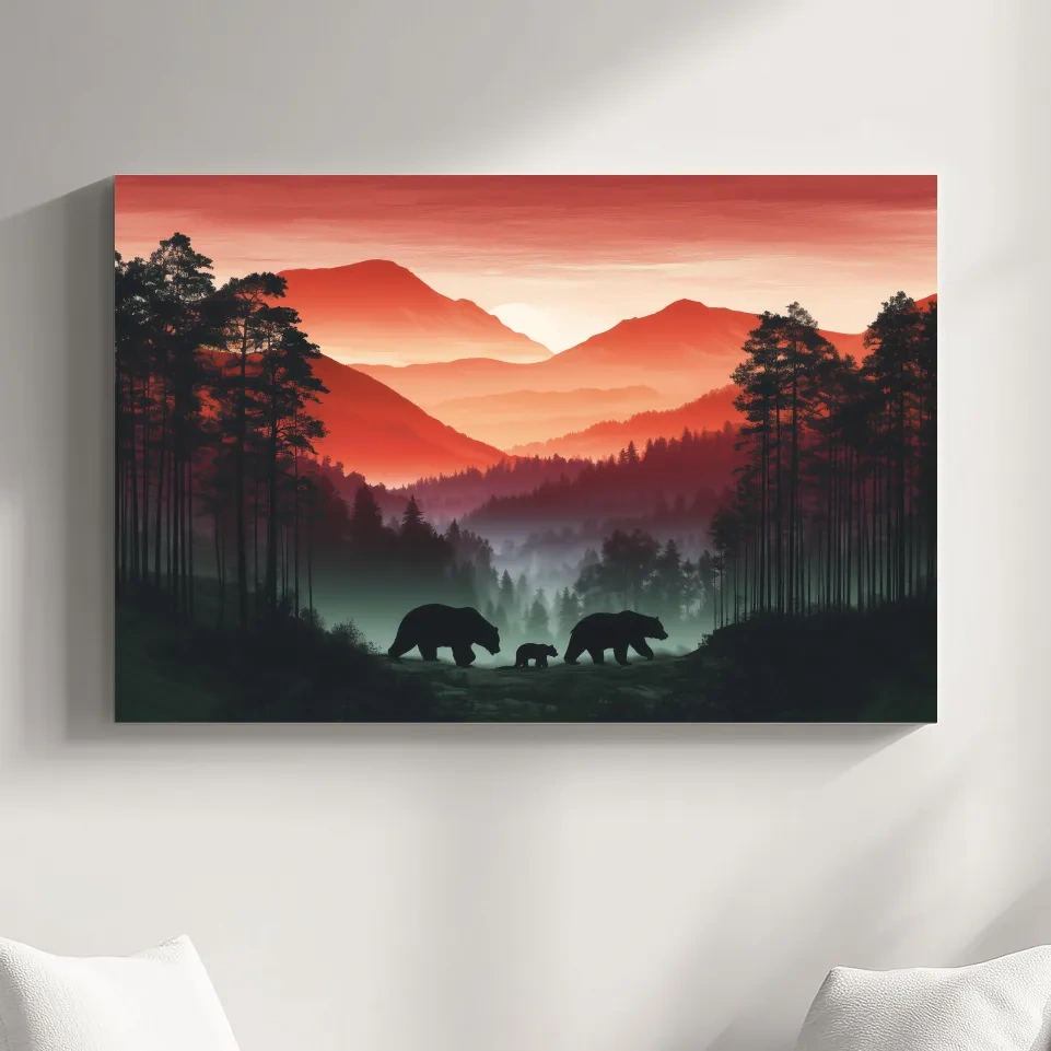 Moody Sunset Mountain Bear Family Silhouettes - Misty Forest Wildlife Wall Art