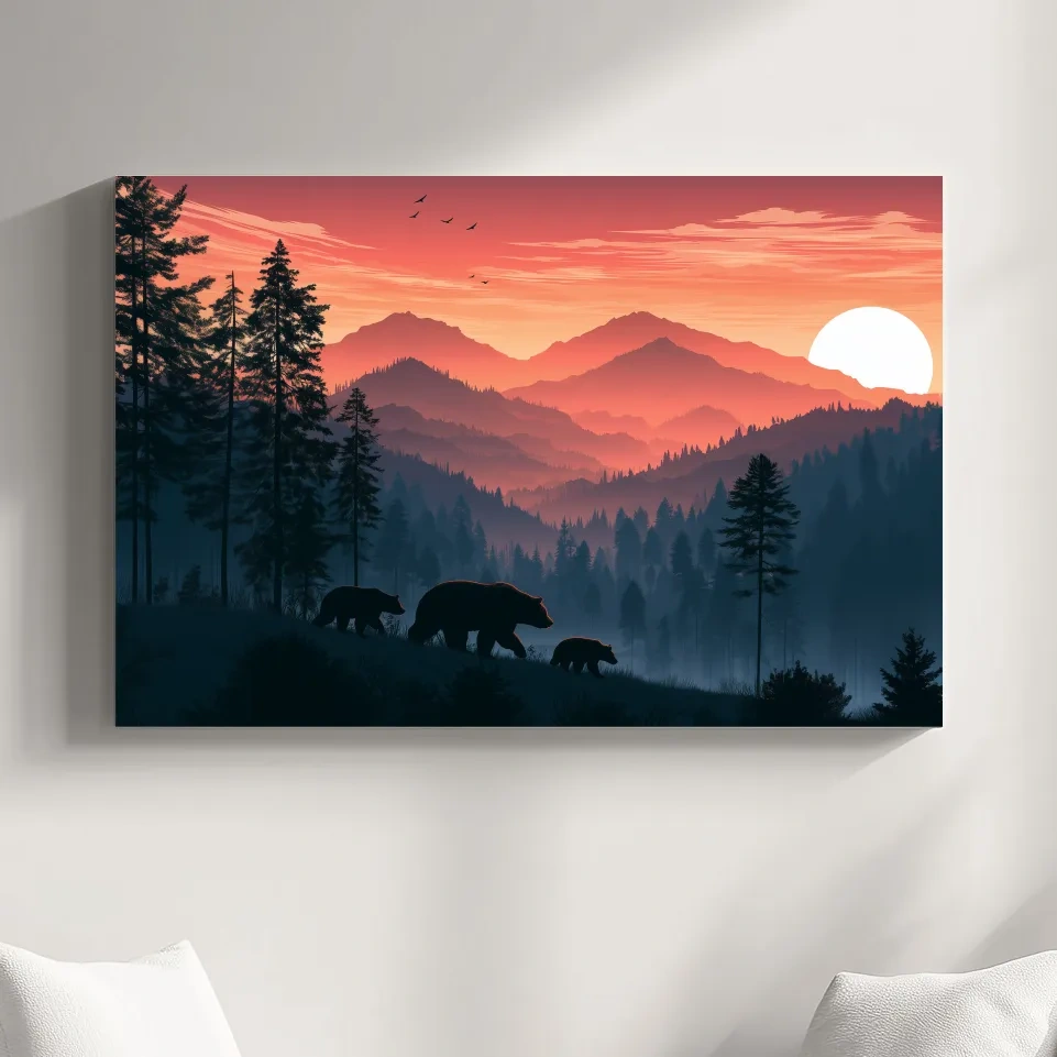 Bear Family Silhouette Mountain Sunset - Wildlife Landscape Wall Art