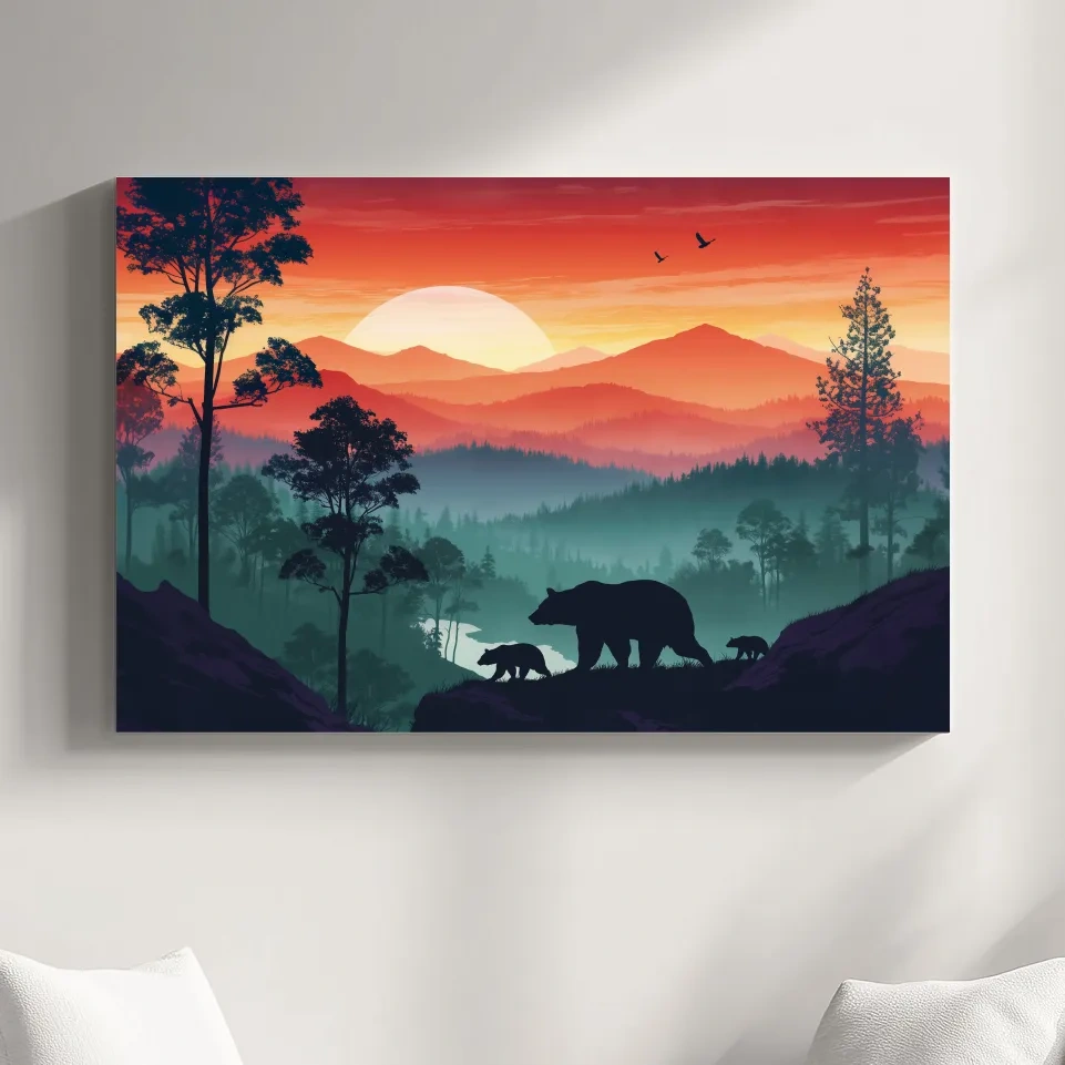 Sunset Mama Bear & Cubs Silhouette - Misty Forest Landscape Artwork