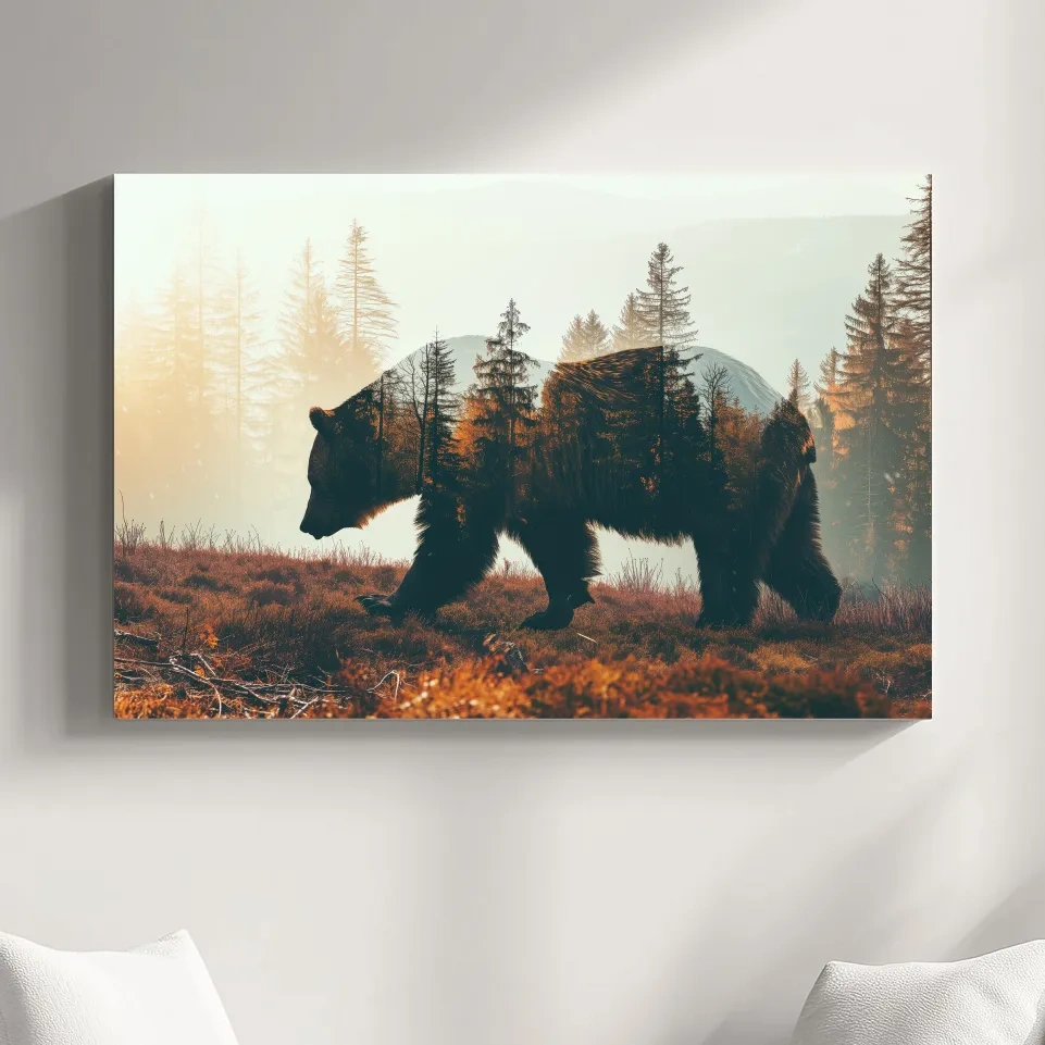 Double Exposure Grizzly Bear Forest - Misty Mountain Wildlife Photographic Artwork