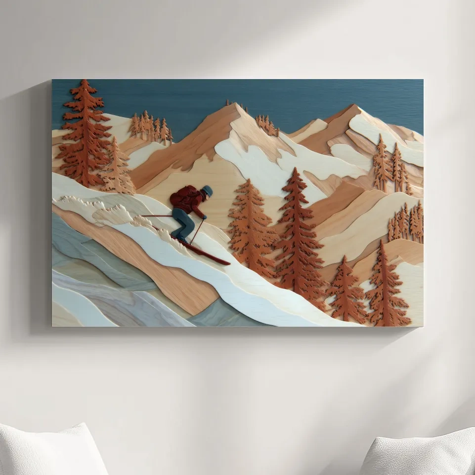 Wood Intarsia Style Skier Mountain Scene - Winter Alpine Wall Art