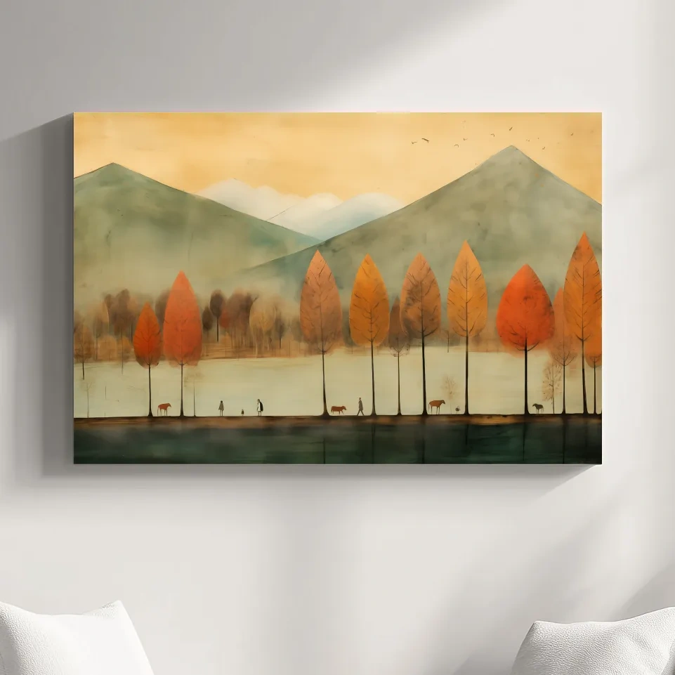 Autumn Tree Lined Lake Landscape - Quirky Watercolor Style Wall Art