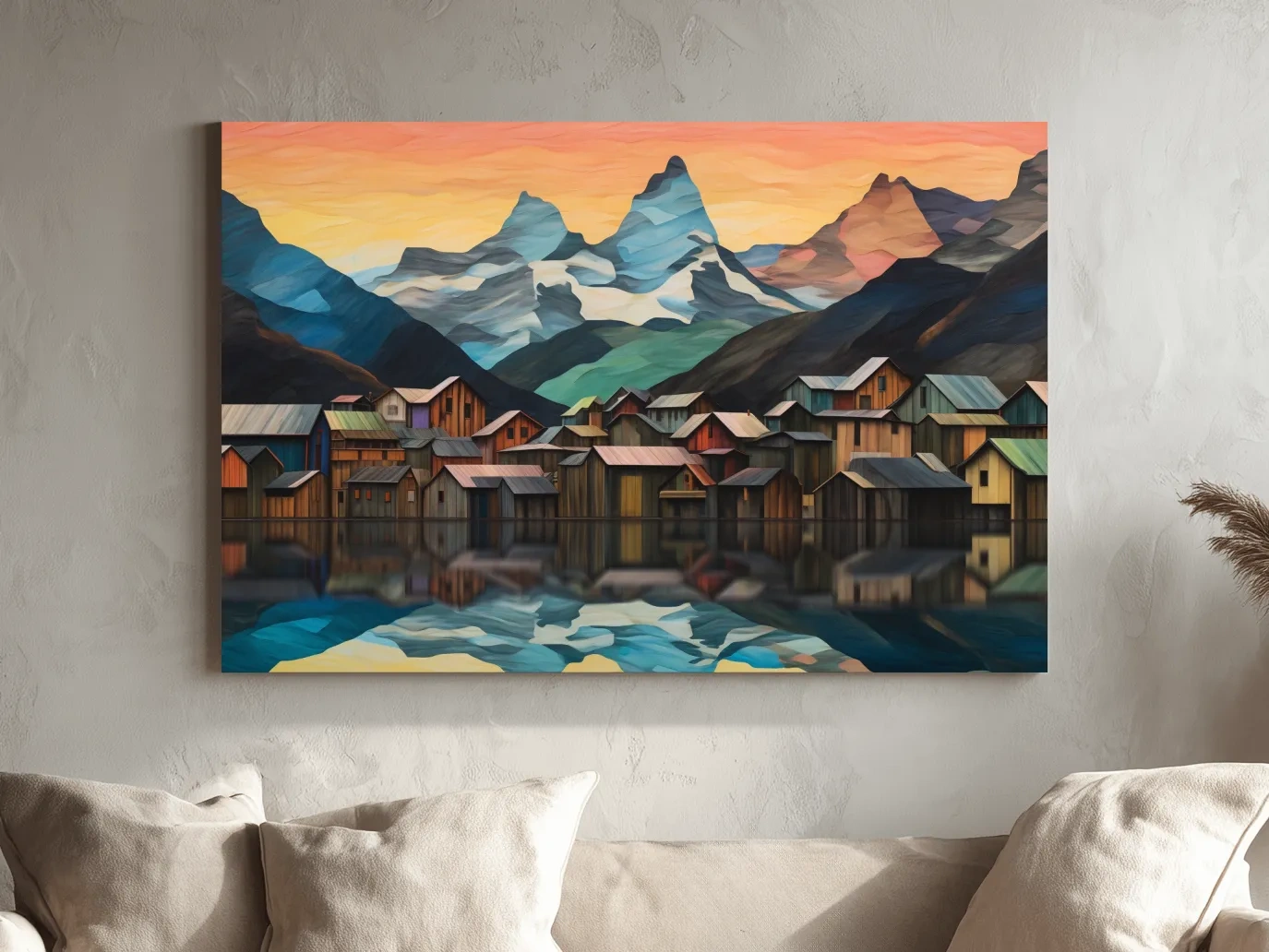 Alpine Mountain Village Reflections - Colorful Paper Cut Style Wall Art
