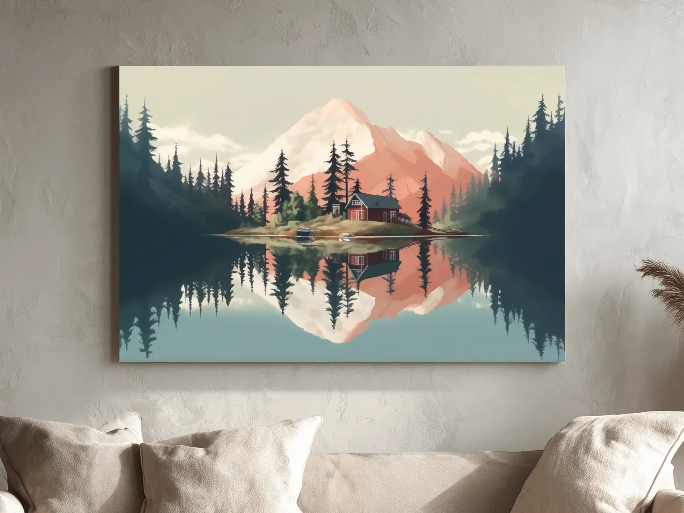 Serene Alpine Lake Cabin Artwork - Minimalist Mountain Landscape Wall Art