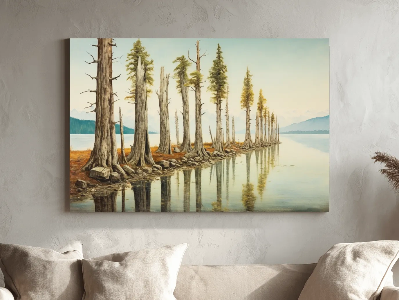 Serene Lakeside Pine Forest Reflections - Watercolor Landscape Wall Art