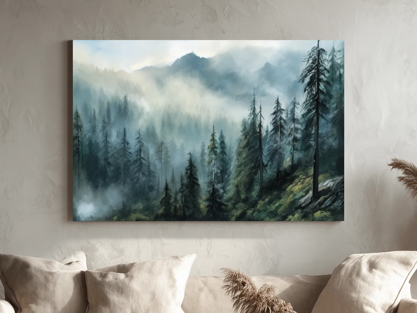 Misty Evergreen Forest Mountain Landscape - Moody Watercolor Nature Wall Art