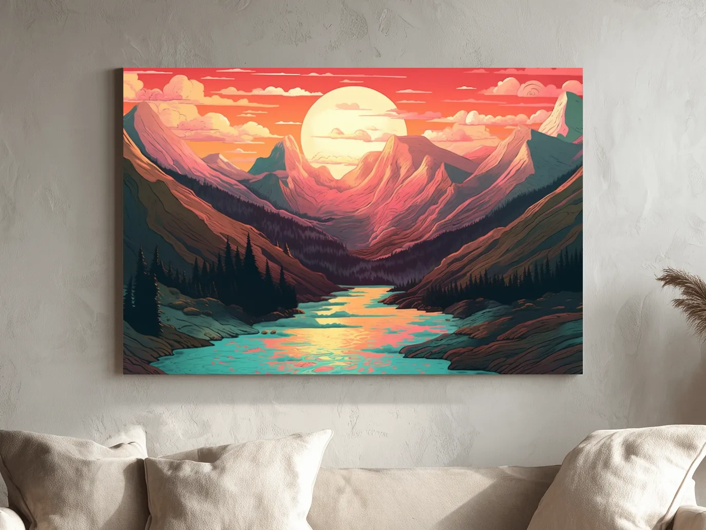 Vibrant Sunset Mountain Valley Illustration - Retro Landscape Wall Art
