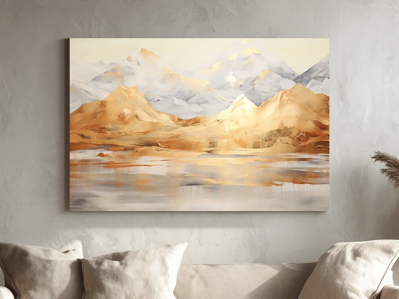 Luxe Golden Abstract Mountain Lake Painting - Elegant Landscape Wall Art