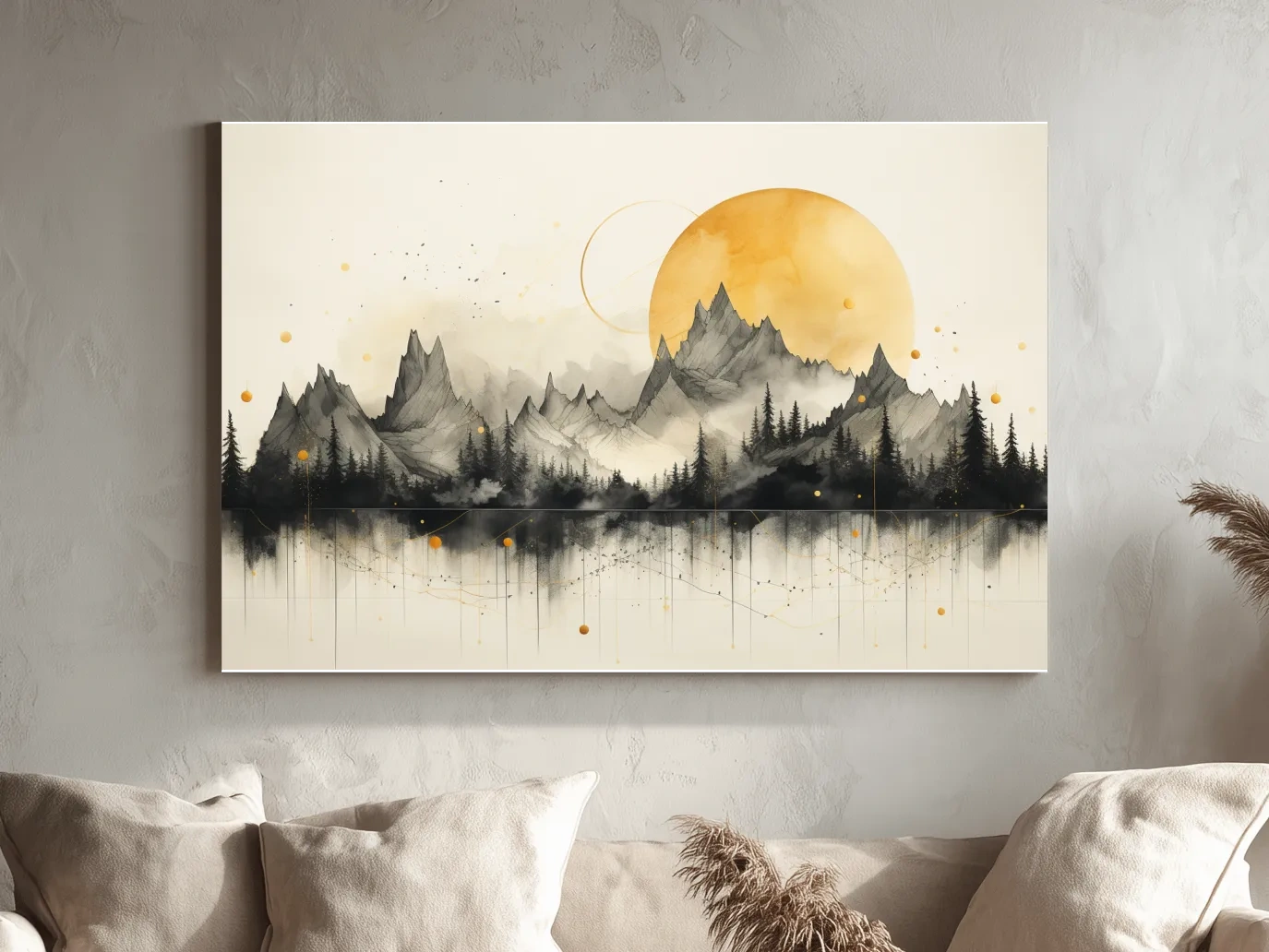 Golden Sun Abstract Mountain Range - Minimalist Watercolor Landscape Wall Art