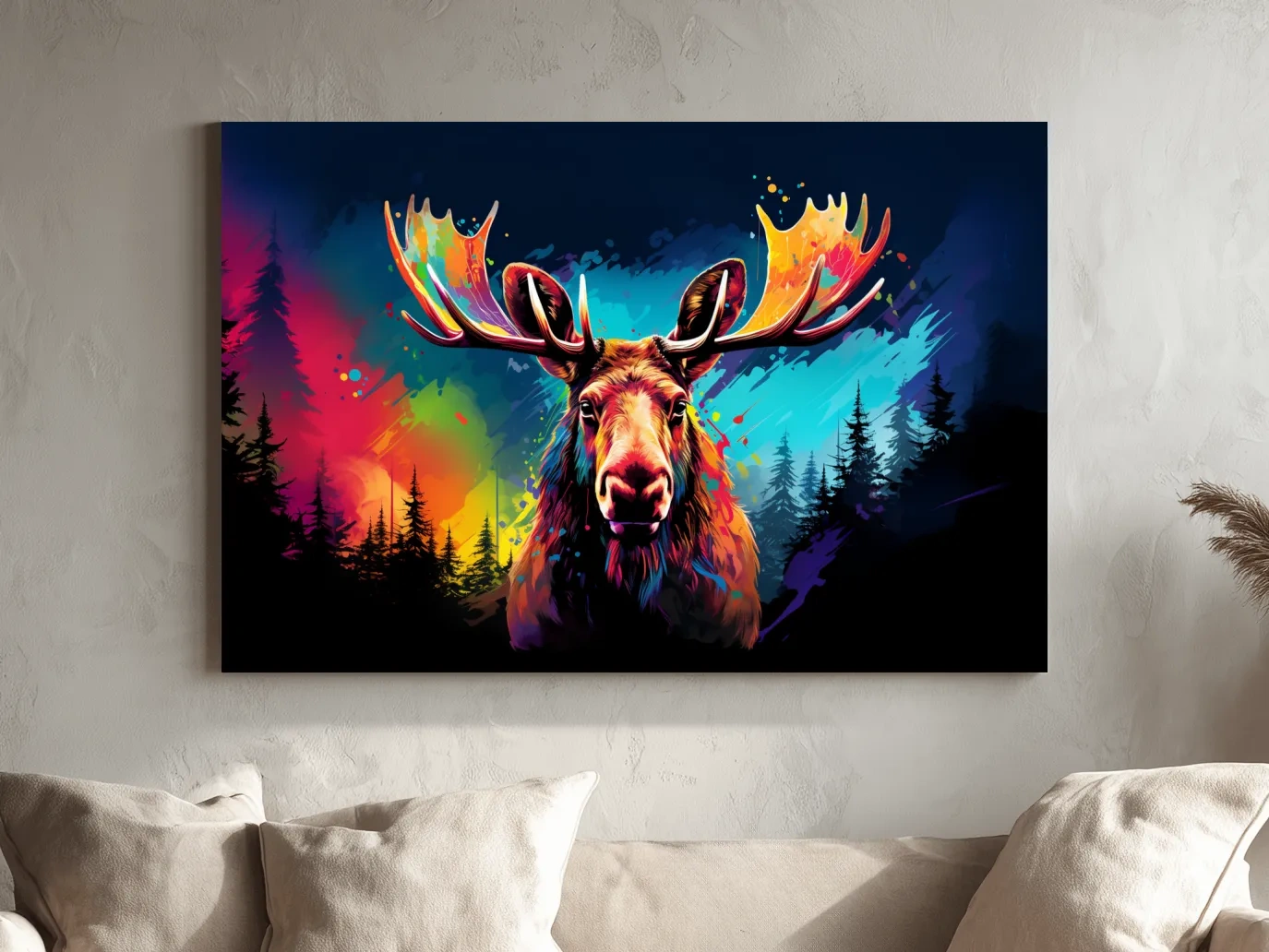 Vibrant Abstract Retro Moose Portrait - Colorful Splash Paint Wildlife Wall Art
